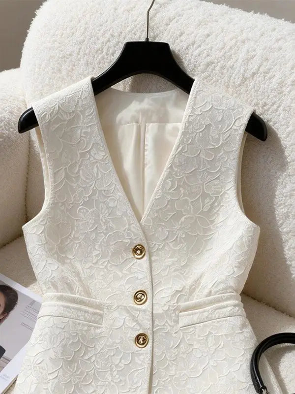 Elegant White Jacquard Waistcoat Vest For Women V‑neck Fit Waist Decorative Sleeveless Blazer Office Commuter Tailored Outerwear