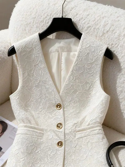 Elegant White Jacquard Waistcoat Vest For Women V‑neck Fit Waist Decorative Sleeveless Blazer Office Commuter Tailored Outerwear