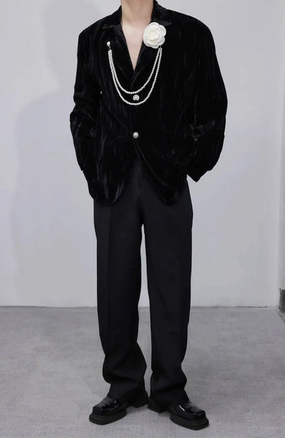 Luxury Elegant Handsome Blazer Coat Men's Original Niche Three-dimensional Pearl Chain Stylish Solid Color Jacket JY4431