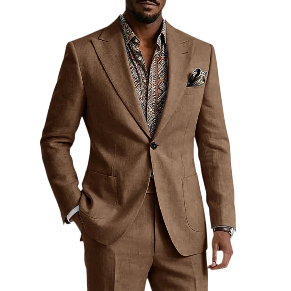 Men's Linen Blend Suit 2 Pieces Set Solid Color Peak Lapel Slim Fit One Button Jacket Pants Formal Outfit Wedding Business Casua
