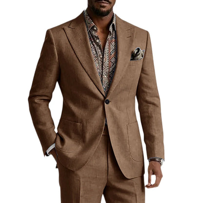 Men's Linen Blend Suit 2 Pieces Set Solid Color Peak Lapel Slim Fit One Button Jacket Pants Formal Outfit Wedding Business Casua