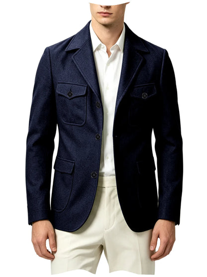 Men's Wool Blazer Notched Lapel Slim Fit 3 Buttons Suit Jacket Multi Pockets Casual Business Autumn Winter Dress Coat Daily Wear