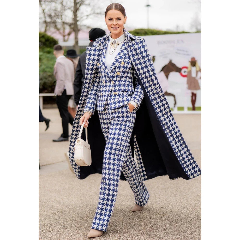 Chic Houndstooth Women Suits 3 Piece & Only Jacket Peak Lapel Formal Casual Prom Party Pants Sets Long Coat Blazer Pants