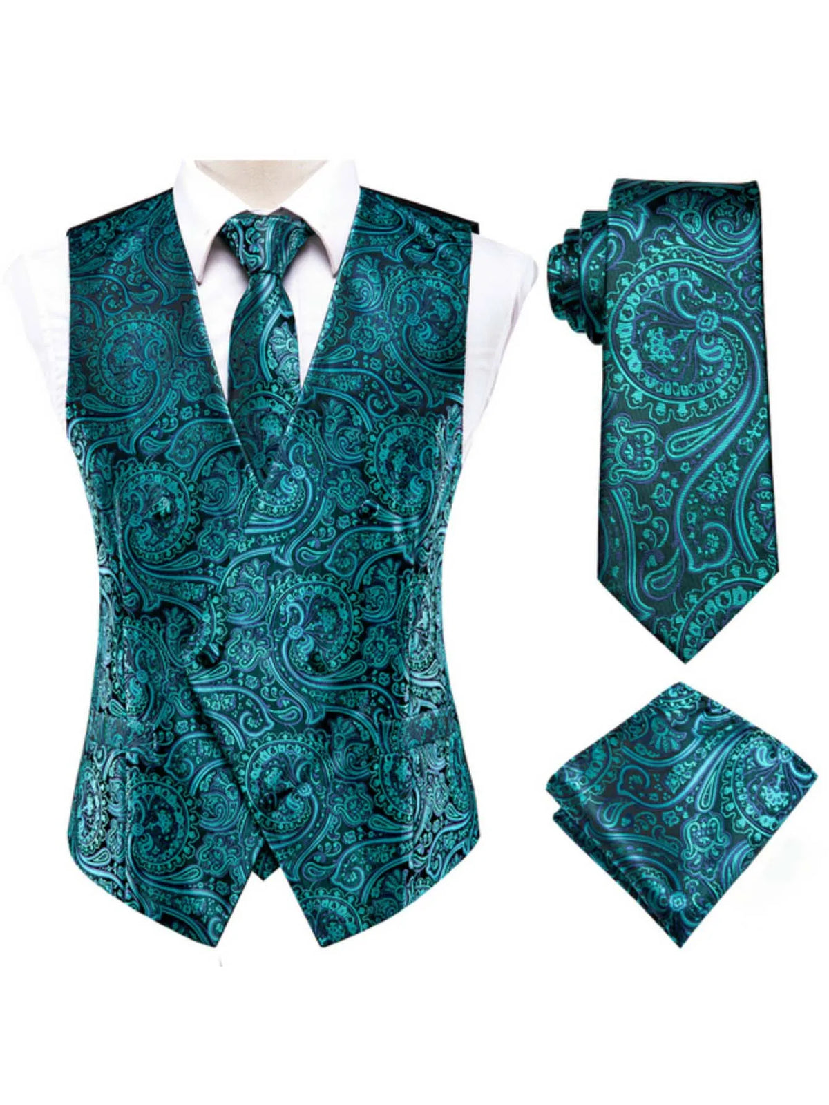 Men's Satin Jacquard Vest 3-Piece Set for Wedding & Banquet – Green