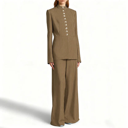Elegant Women's Suits Pinstripe Two-piece(Jacket+Pants) Set with Stand Collar Gold Single Breasted Business Office Lady Outfit