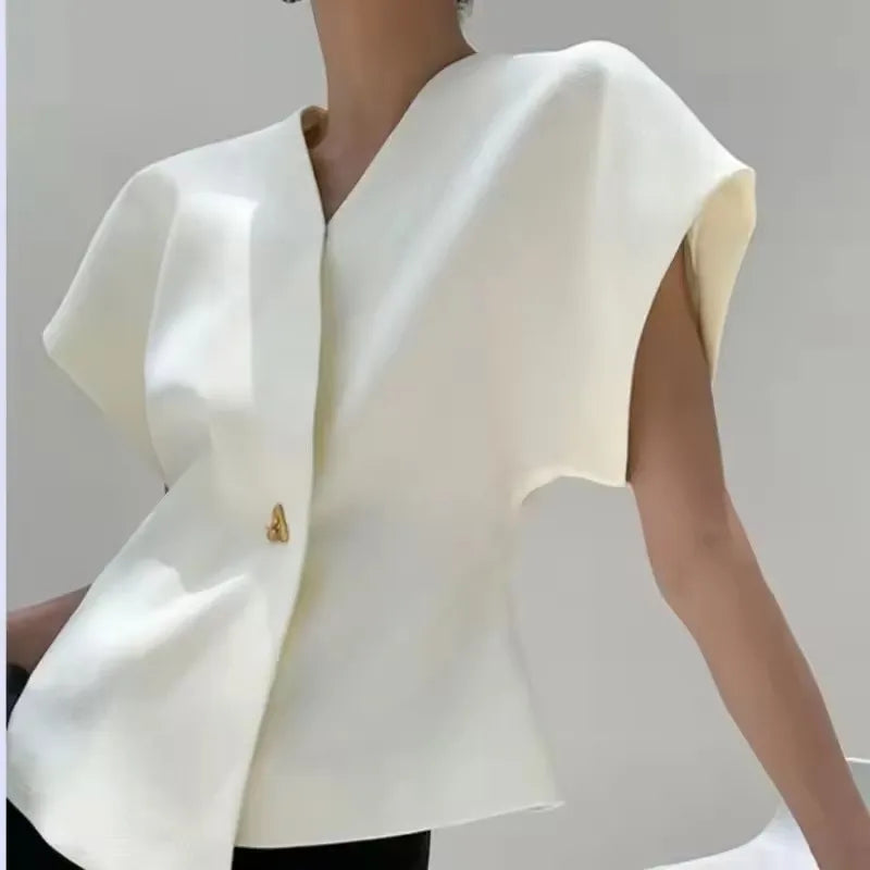 Summer French Asymmetric Blazer Vest Coat Women Drop Shoulder Sleeve Waistcoat One Button Waist Slim Fashion White Top