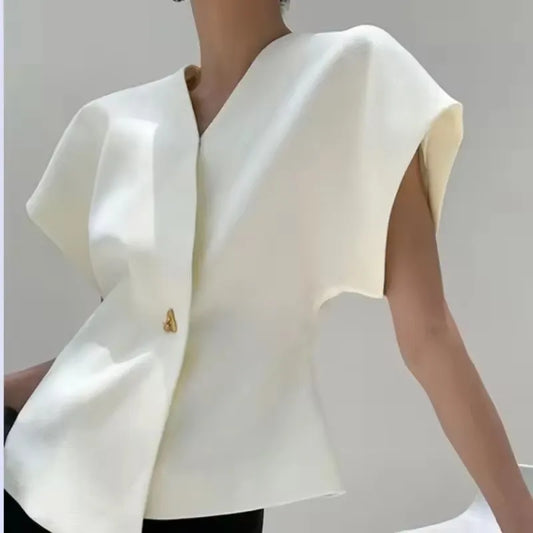 Summer French Asymmetric Blazer Vest Coat Women Drop Shoulder Sleeve Waistcoat One Button Waist Slim Fashion White Top