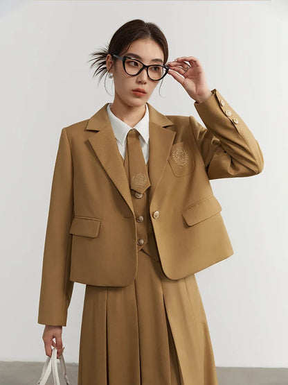 College Style Short Blazer Coat Fashion Two Piece Suit for Women Literary Retro Spring New High Waist Half Pleated Skirt