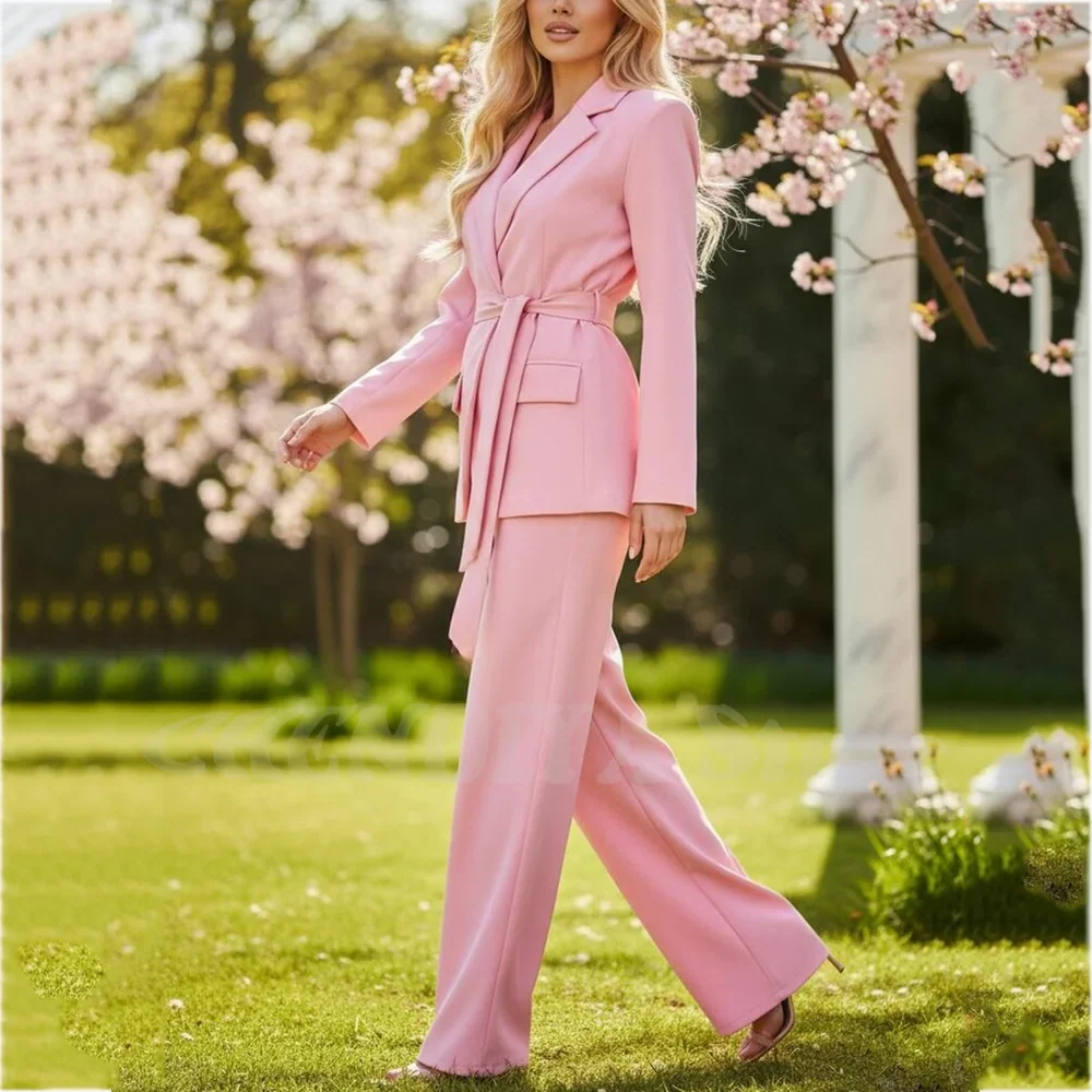 Classy Pink Women Suit Two Piece(Jacket+Pants) Notched Lapel Fashion Clothes with Belt Modern Fashion Daily Casual Outfit