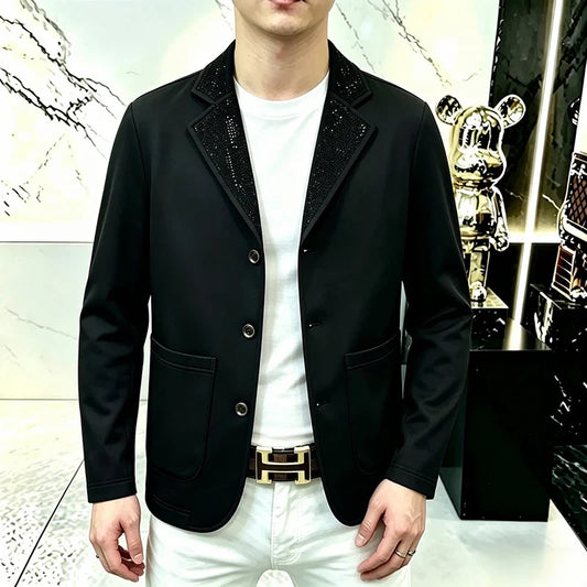 Men's Blazer Double Breasted Diamond Embroidered Smart Casual Black Autumn Winter