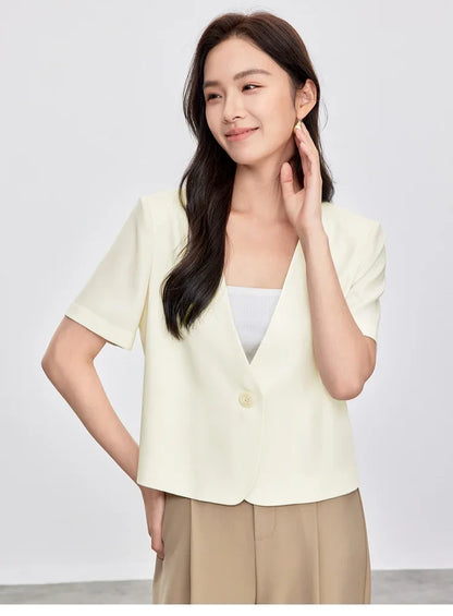 Solid Color Women's Jackets 2026 New Formal Cropped V Neck Single Button Short Sleeve Commuting Outerwear 152X87886