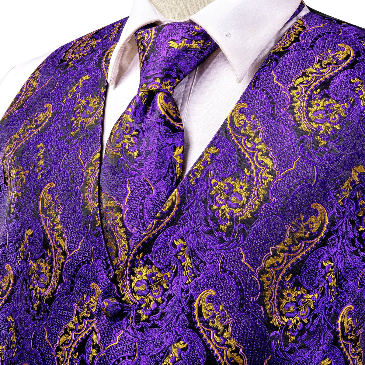 Men's Jacquard Floral Waistcoat Set with Tie, Pocket Square & Cufflinks – Purple Paisley, Wedding & Business