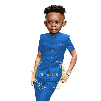 Boys Suit Black 2 Pieces Short Sleeve Party Tuxedo Formal Wedding Kids Clothes Indian Style Blazer Pants 2-16 Years Old