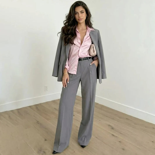 Modern Women Grey Suit Chic Single Breasted Jacket Pants 2 Piece Set Office Business Lady Outfit Daily Female Streetwear