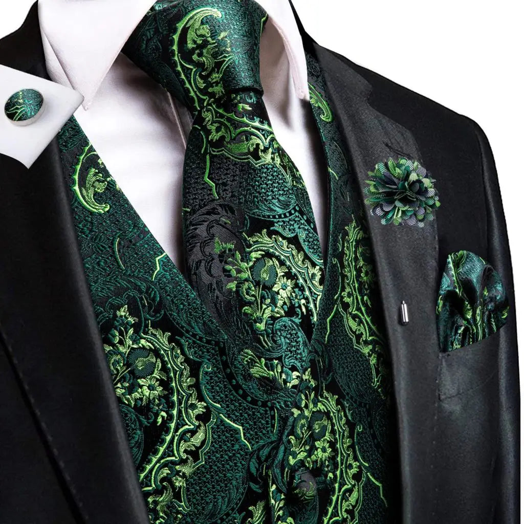 Men's Jacquard Waistcoat Suit Vest with Tie Hanky Cufflinks Brooch Set for Weddings and Business Events