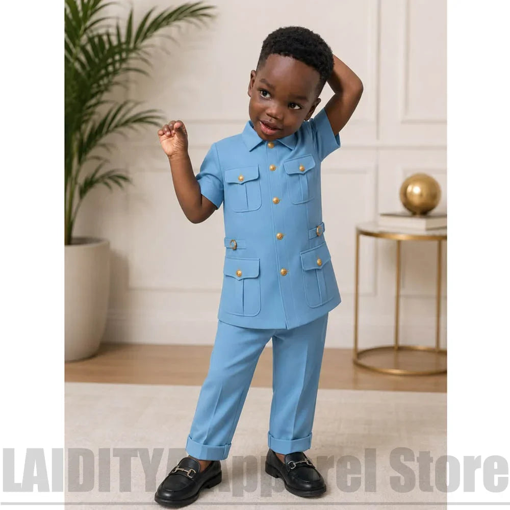 Chic Boys Short Sleeve Formal Suit Gold Buttons Multi‑Pocket Jacket with Pants Kids Wedding Birthday Party Two Piece Outfit
