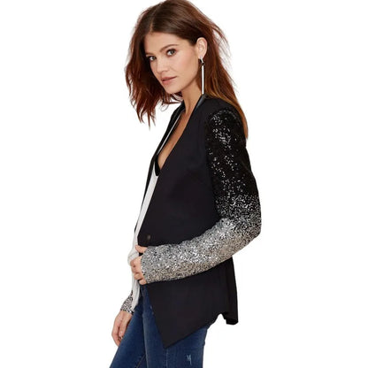 Shiny Sequin Suit Jacket Women's Slimming Elegant Ladylike Style Long Sleeve Commute Fashion Single Button Pure Color Coat