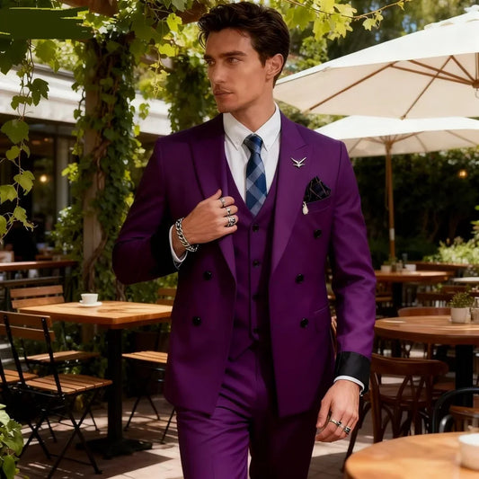Men's Double Breasted 3 Piece Suit Set, Plus Size Slim Fit Formal Ensemble, Youth Business Wedding Groom Outfit, Casual Evening