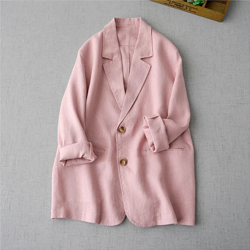 Elegant Long Sleeve Women's Linen Suit Jacket Thin Outerwear New Spring Fashion Ladies' Classic Versatile Pure Cotton Blend