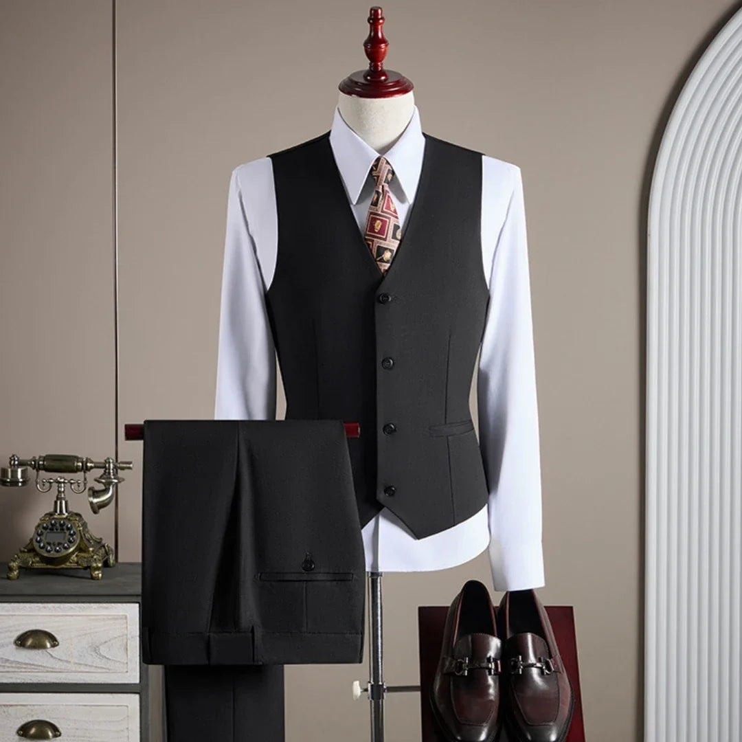 Men Suit Black 3 Piece Single Breasted With Bright Lapel For Wedding Groom Banquet Party Prom Business Work Jacket Vest Pants