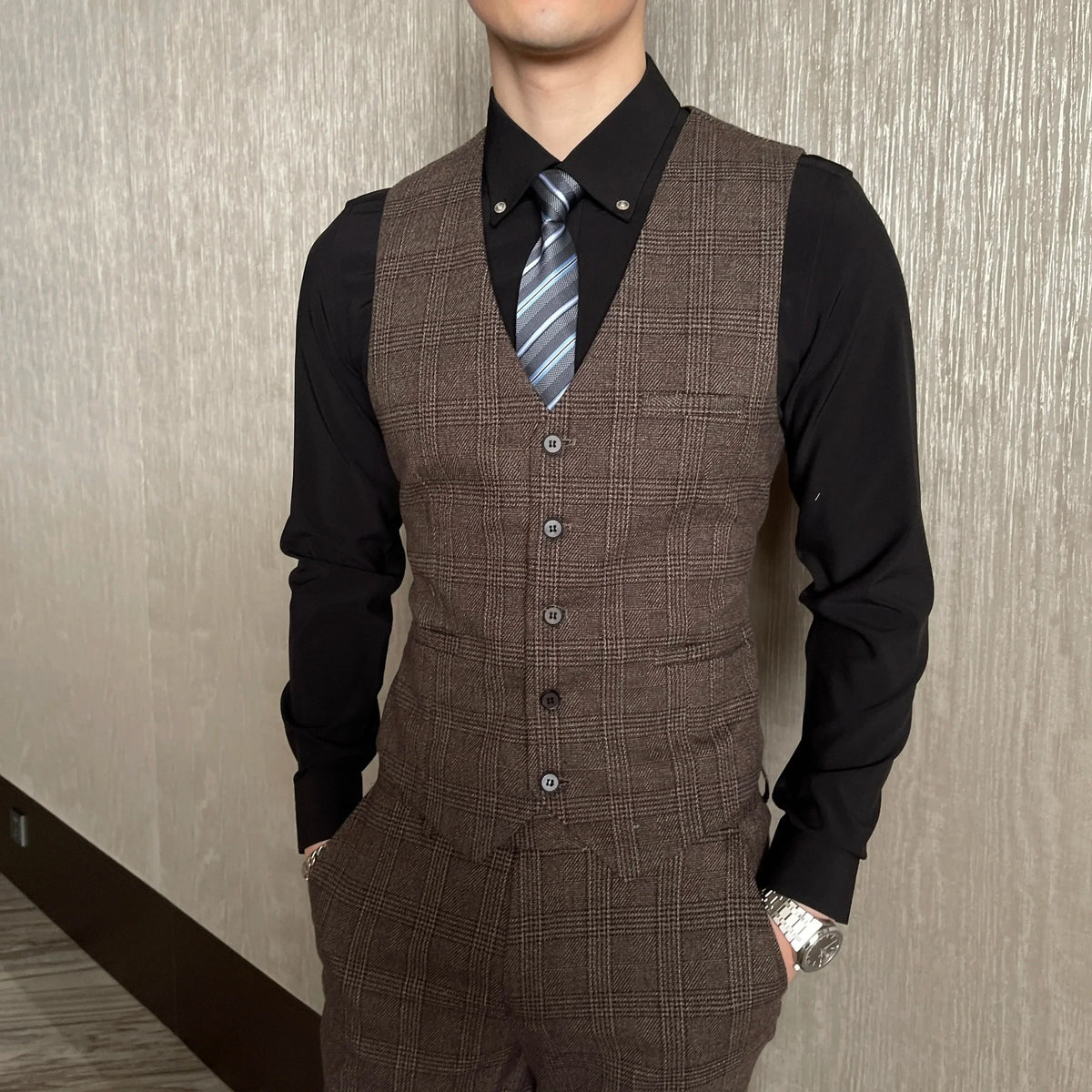 Ensemble costume trois pièces à carreaux modifié de haute qualité de style coréen britannique pour hommes - Gilet et pantalon de costume décontracté élégant