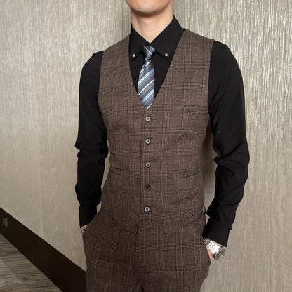 Ensemble costume trois pièces à carreaux modifié de haute qualité de style coréen britannique pour hommes - Gilet et pantalon de costume décontracté élégant