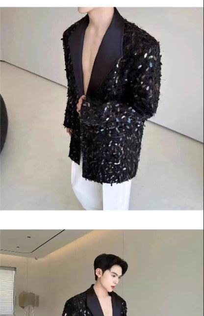 Design Patchwork Burr Original Casual Shoulder Pad Sequin Blazer Coat Men's 2025 Autumn Fashion Temperament Jacket JY7384