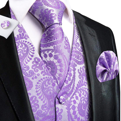 Men's Jacquard Floral Waistcoat Set with Tie, Pocket Square & Cufflinks – Purple Paisley, Wedding & Business