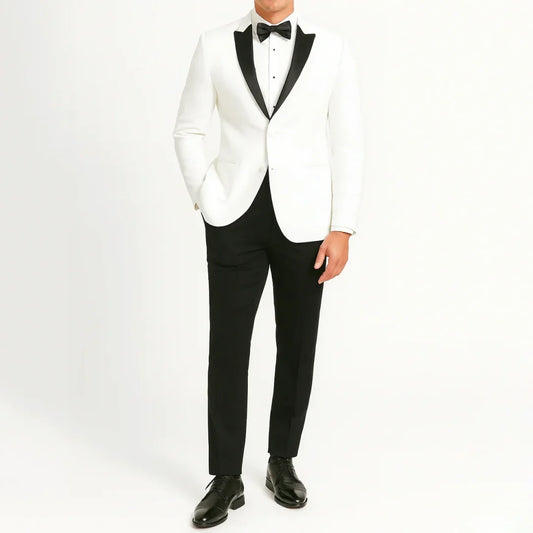 Men Suit 2 Piece With Black Lapel Single Button For Wedding Banquet Birthday Party Business Daily Set White Jacket Black Pants
