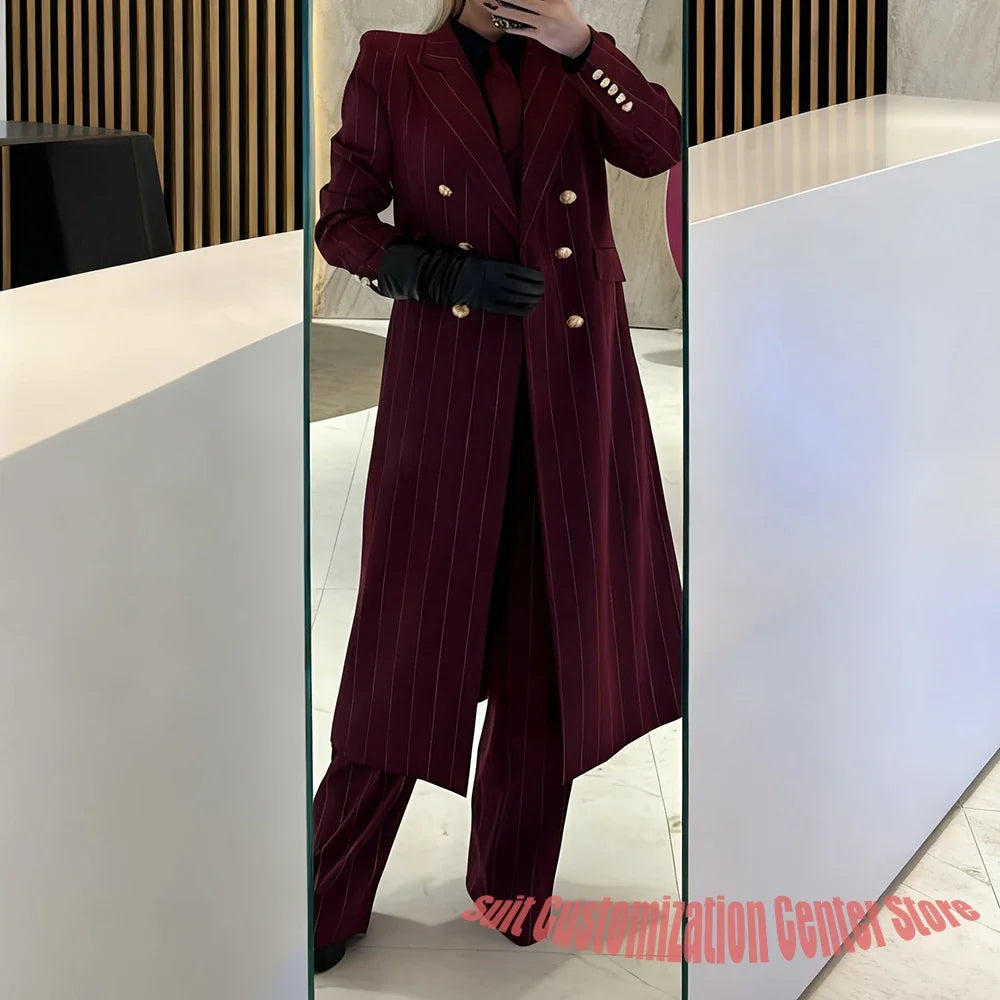 Burgundy Women's Suits Pinstripe Double Breasted Peaked Lapel Long Coat+Pants Set Elegant Formal Office Evening Party Outfit