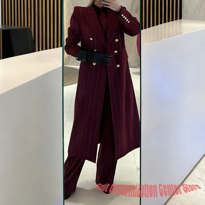 Burgundy Women's Suits Pinstripe Double Breasted Peaked Lapel Long Coat+Pants Set Elegant Formal Office Evening Party Outfit