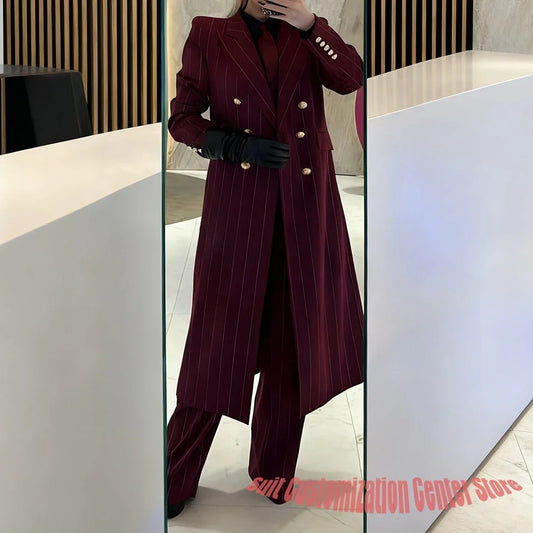 Burgundy Women's Suits Pinstripe Double Breasted Peaked Lapel Long Coat+Pants Set Elegant Formal Office Evening Party Outfit