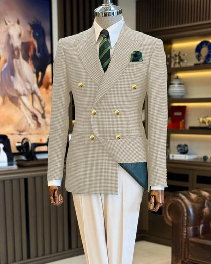 Black Men's Suit Jacket Houndstooth Peak Lapel Double Breasted Business Regular Fit Blazer Man plus size custom suit Coat