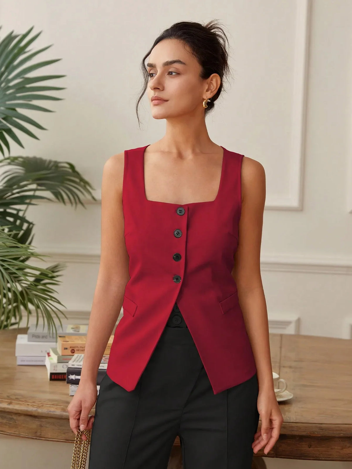 Summer temperament commuter vest vest solid color waistband square collar wide shoulder waistcoat