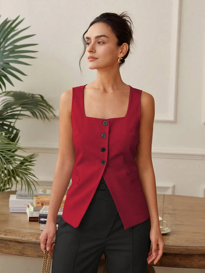 Summer temperament commuter vest vest solid color waistband square collar wide shoulder waistcoat