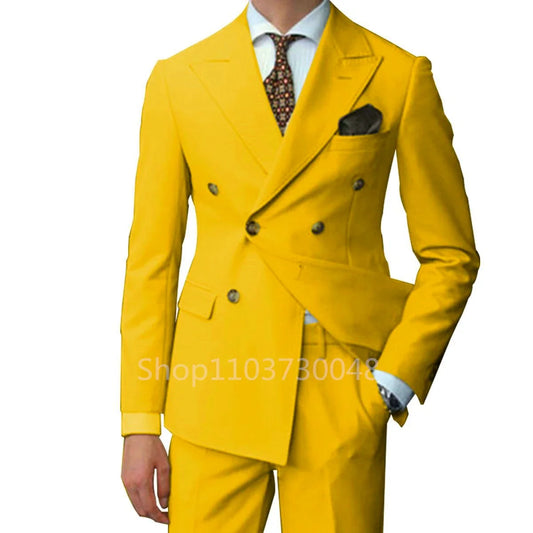 Solid 2 Pieces Men Wedding Suits Set Fashion New Men's Formal Business Suits Peak Lapel Double Breasted Blazer Trousers for Prom