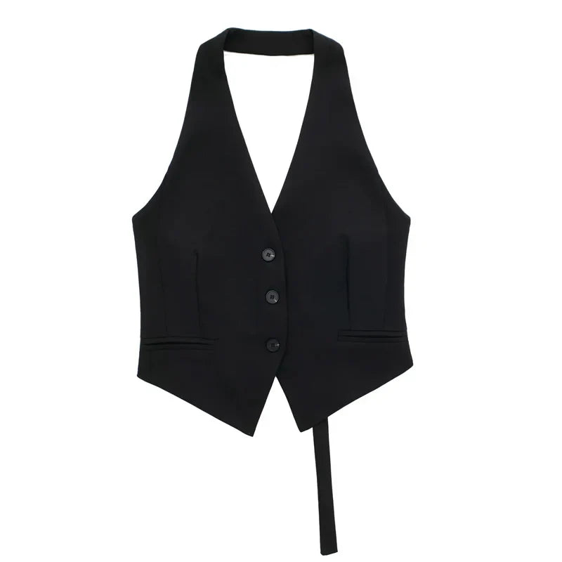 Halter Formal Vests Woman Off Shoulder Women's Suit Vest Backless Black White Short Vest Casual Cropped Sleeveless Vest