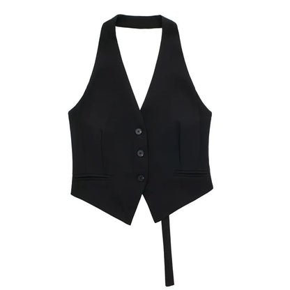 Halter Formal Vests Woman Off Shoulder Women's Suit Vest Backless Black White Short Vest Casual Cropped Sleeveless Vest