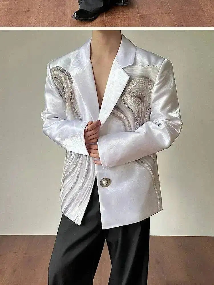 2026 New Original Luxury Temperament Sequin Gauze Patchwork Design Blazer Coat Men Elegant Handsome Casual Jacket JY7013