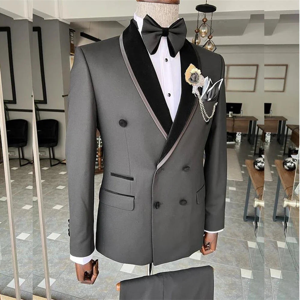 Double Breasted Men Suits Black Shawl Lapel Hombres Terno Wedding Prom Groom Casual Two Piece Jacket Pants Vestido De Novia