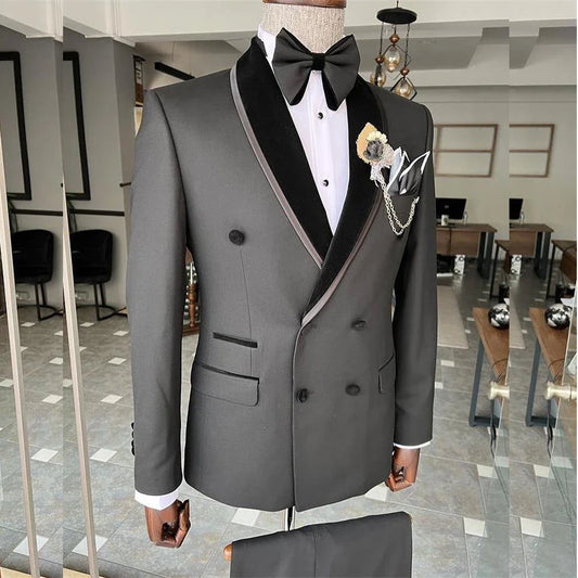 Double Breasted Men Suits Black Shawl Lapel Hombres Terno Wedding Prom Groom Casual Two Piece Jacket Pants Vestido De Novia