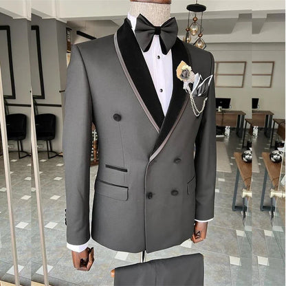 Double Breasted Men Suits Black Shawl Lapel Hombres Terno Wedding Prom Groom Casual Two Piece Jacket Pants Vestido De Novia