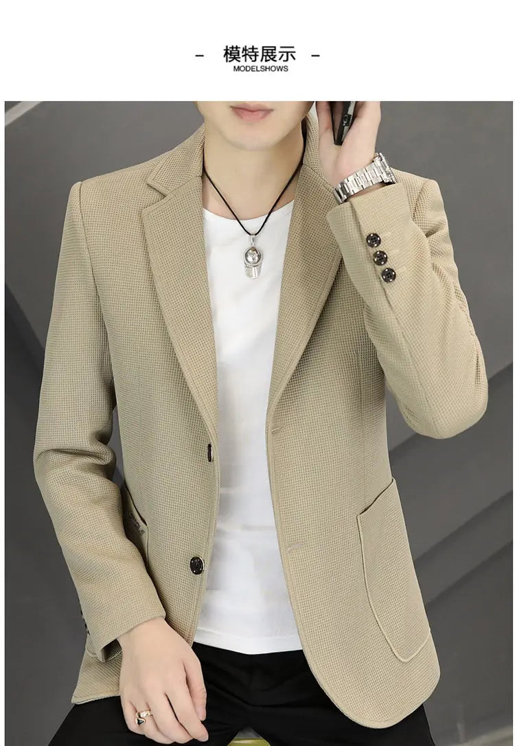 Men's Casual Blazer Two-Button Waffle Pattern for Spring Autumn