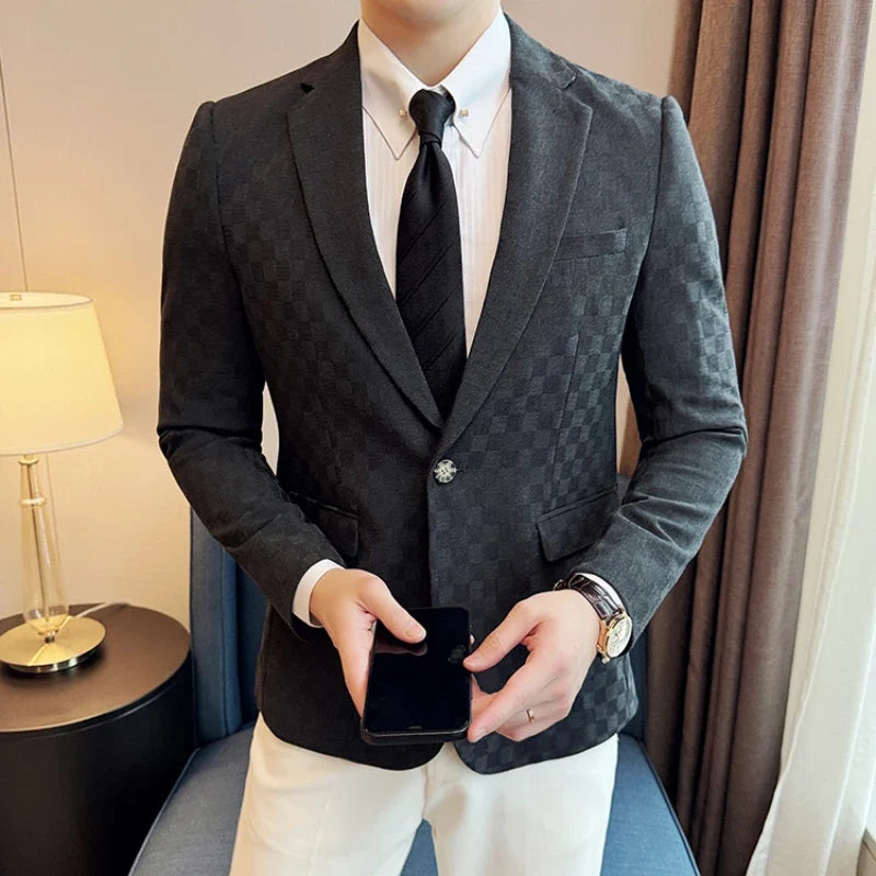2024 Spring Plaid Blazers Men Single Breasted Casual Business Suit Jacket Fashion Slim Social Banquet Wedding Groom Dress Coats