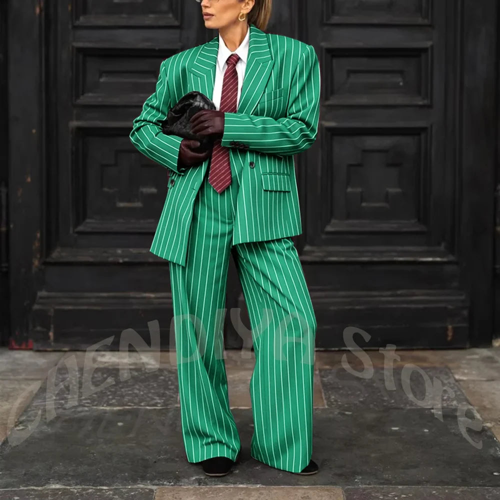 Burgundy Striped Casual Women Suit Two Pieces Jacket Pants Loose Fit Peak Lapel Blazer Set Evening Party Prom Lady Outfit