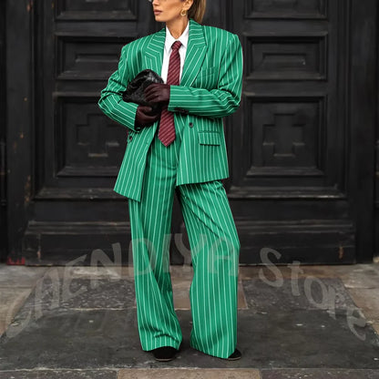 Burgundy Striped Casual Women Suit Two Pieces Jacket Pants Loose Fit Peak Lapel Blazer Set Evening Party Prom Lady Outfit