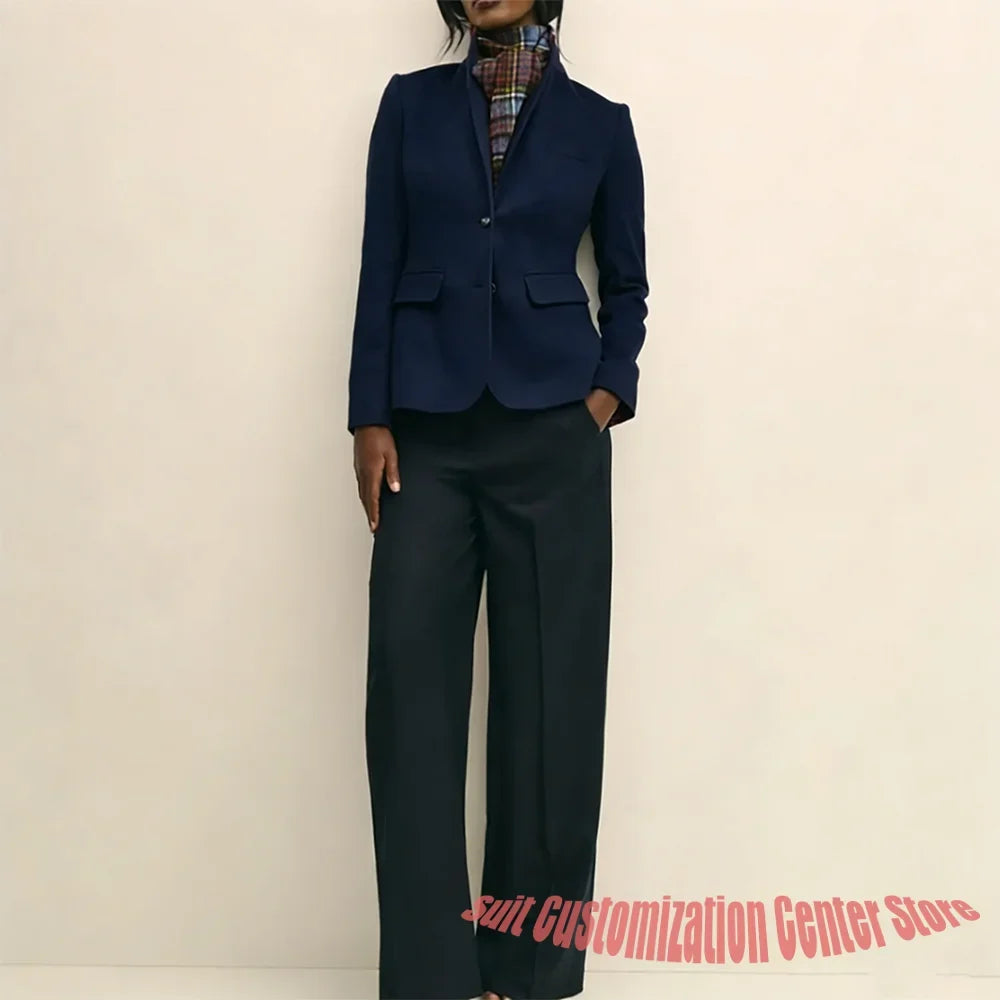 Women's Navy Woolen Clothes Single-Breasted Two Piece (Jacket+Pants) Set Chic Winter Office Lady Wear Casual Daily Outfit