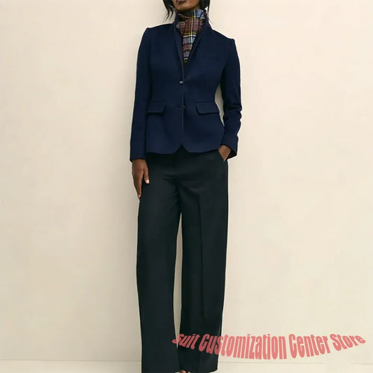 Women's Navy Woolen Clothes Single-Breasted Two Piece (Jacket+Pants) Set Chic Winter Office Lady Wear Casual Daily Outfit