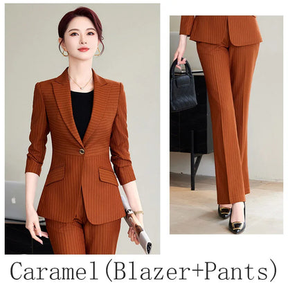Caramel Green Striped Ladies Pant Suit 2025 Autumn Women Business Work Wear Single Button Jacket and Trouser Blazer 2 Piece Set
