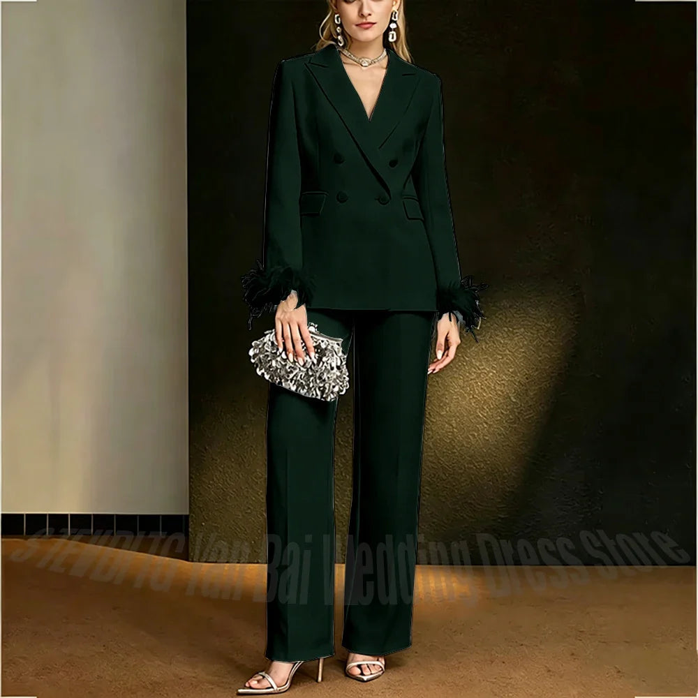 Luxury White Feather Women's Suit Elegant Classic Double Breasted Jacket Pants Formal Evening Party Wedding Guest Outfit